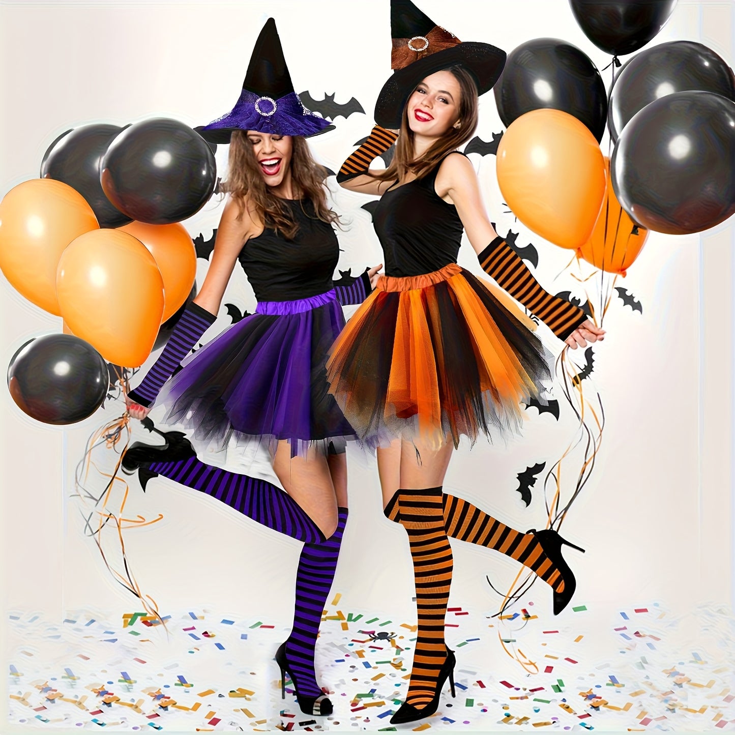 4pcs Halloween Witch Costume Set for Women Ladies Gothic Cosplay Witch Hat Striped Knee High High Over Knee Witch Stockings Arm Warmers Tutu Skirt Set for Women Halloween Witch Cosplay Party Favor Cosplay Costume Accessories
