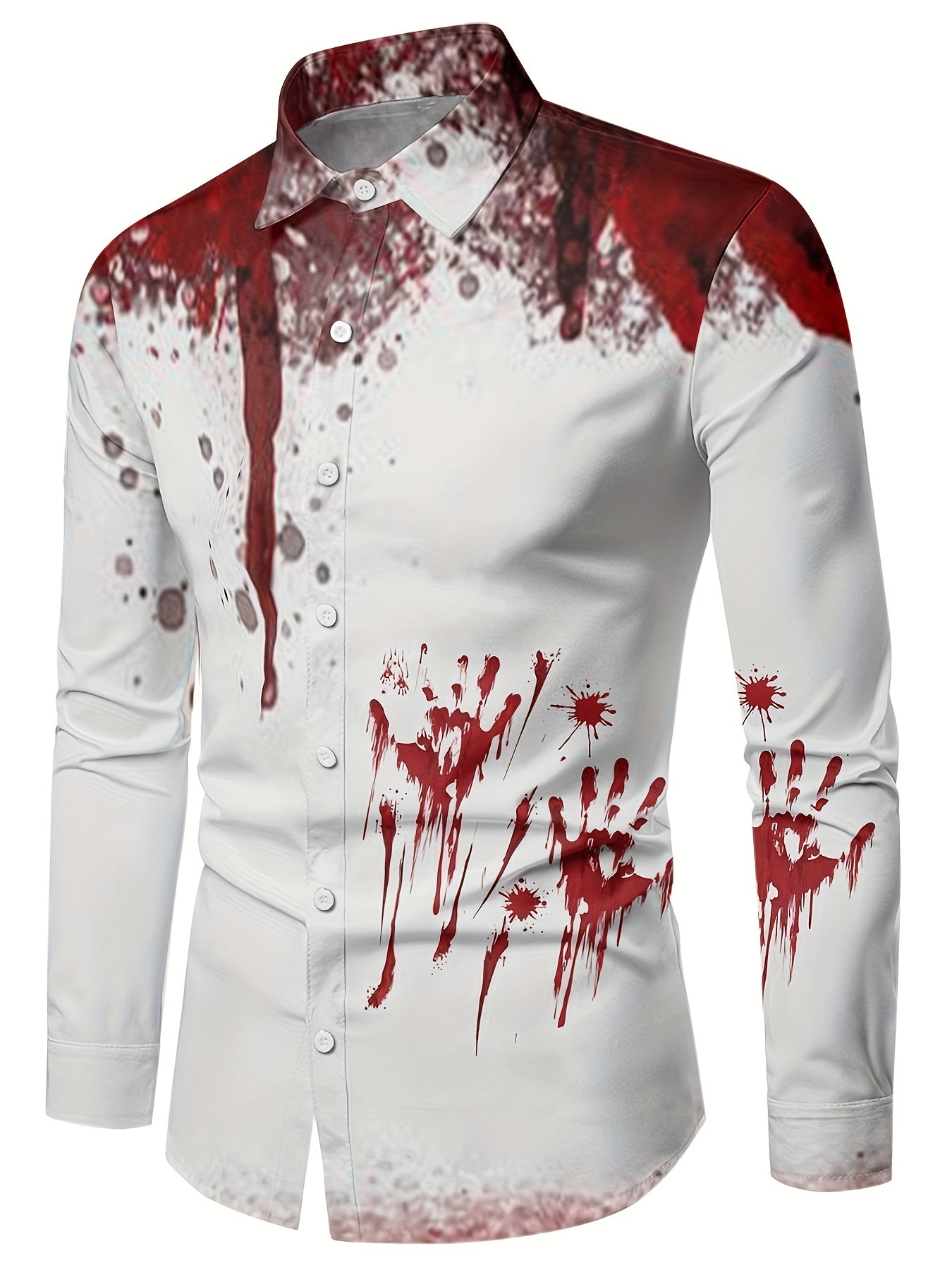 Scary Blood & Handprint Pattern Men's Long Sleeve Lapel Shirt, Men's Halloween Style Clothing For Spring Fall