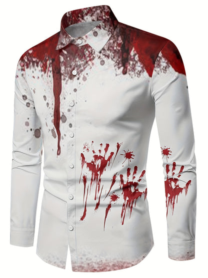 Scary Blood & Handprint Pattern Men's Long Sleeve Lapel Shirt, Men's Halloween Style Clothing For Spring Fall