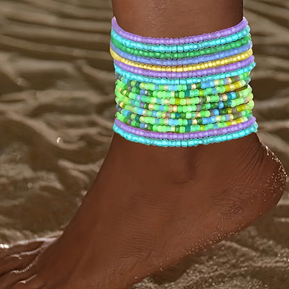 10pcs Bohemian Cute Glow-in-the-Dark Colorful Seed Bead Anklets, Elegant Everyday Jewelry Accessories For Beach Outings