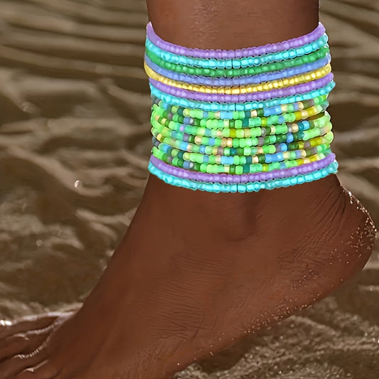 10pcs Bohemian Cute Glow-in-the-Dark Colorful Seed Bead Anklets, Elegant Everyday Jewelry Accessories For Beach Outings