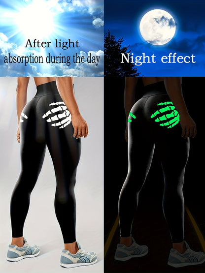 Women'S High-Waisted Stretchy Fitness Leggings with Glow-in-the-Dark Skull Print - Black, Elastic Waistband, Long Length for Running, Yoga & Halloween Party Wear, Yoga Pants, Halloween Leggings, Bold Graphic Pants, Highelasti