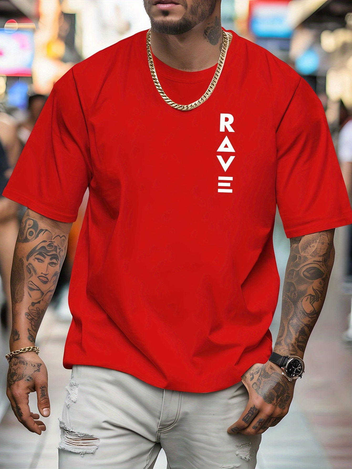 R V Men's Short Sleeve T-Shirt - Vibrant Yellow with Bold RAVE Graphic Print, Breathable Round Neck Casual Top for Summer Beach Resorts & Outdoor Activities