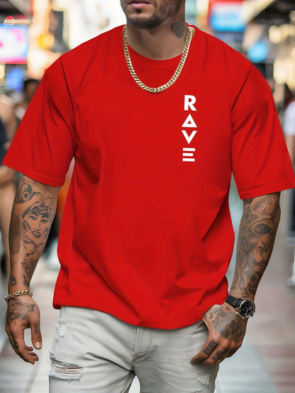 R V Men's Short Sleeve T-Shirt - Vibrant Yellow with Bold RAVE Graphic Print, Breathable Round Neck Casual Top for Summer Beach Resorts & Outdoor Activities