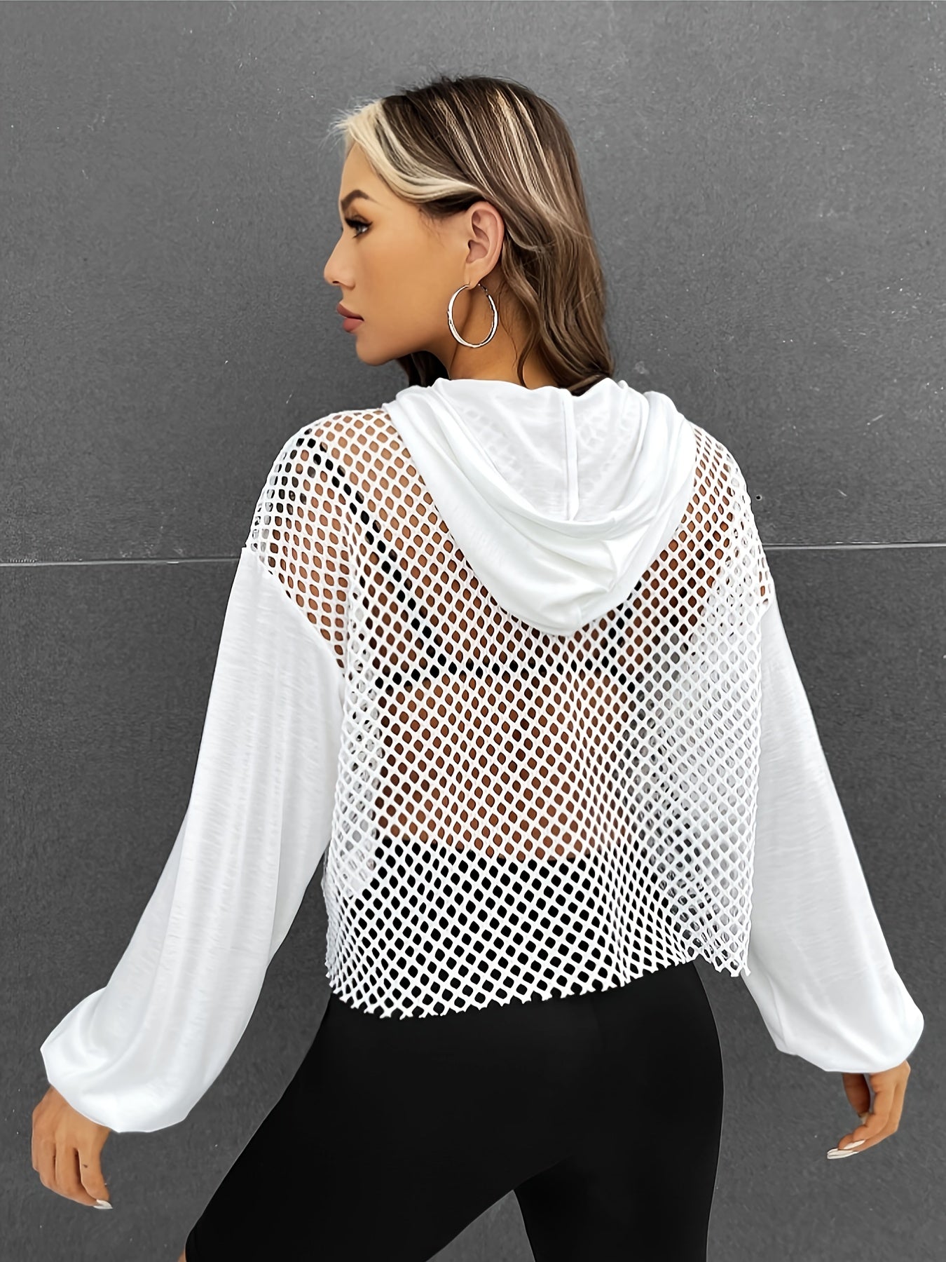 Hollow Out Drawstring Hoodies, Sexy Solid Long Sleeve Sweatshirt, Women's Clothing