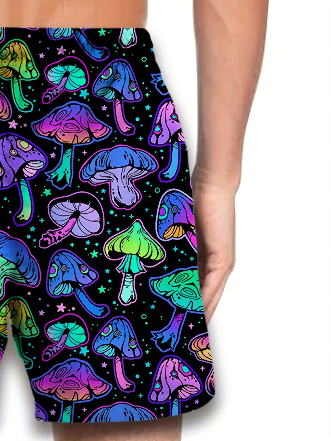 Men's Retro Neon Mushroom 3D Print Casual Athletic Shorts - Vibrant Psychedelic Design, Drawstring Waist, Comfortable for Basketball & Streetwear