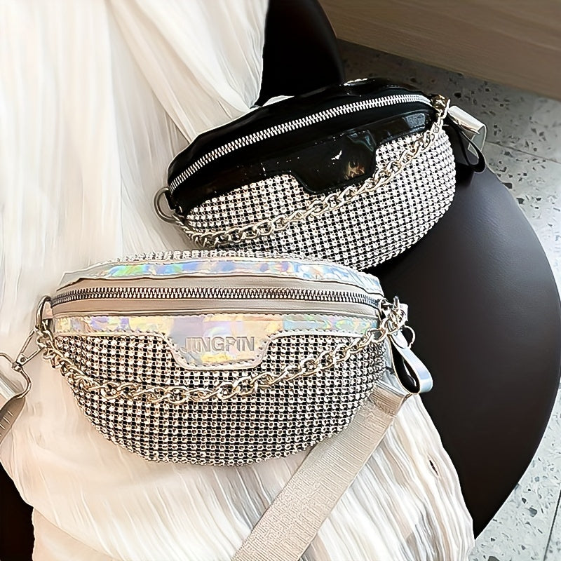 Shining Rhinestone Waist Bag, Bling-Bling belt bag for Women, Trendy Chain Decor Crossbody Chest Bag Bum Bag belt bag