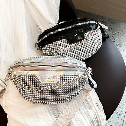 Shining Rhinestone Waist Bag, Bling-Bling belt bag for Women, Trendy Chain Decor Crossbody Chest Bag Bum Bag belt bag