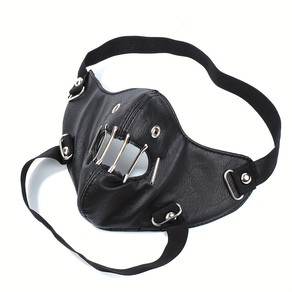 1pc Faux Leather Safety Pin Mask, Unisex Hollow-Out Novelty Face Covering for Halloween Party Costume, Funky Men's Fashion Accessory
