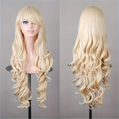 Luxurious Purple Long Wavy Halloween Wig for Women - Heat Resistant Synthetic Hair with Bangs, Adjustable Cap, Perfect for All Ethnicities