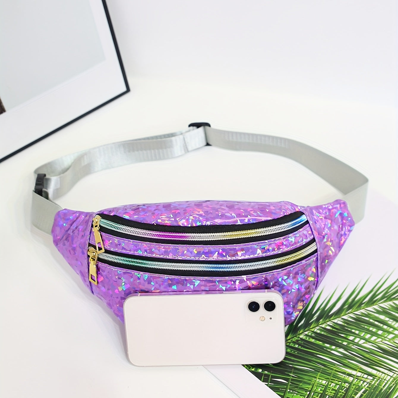 Holographic Sequin Waist Bag for Women - Stylish Crossbody Belt Bag with Adjustable Strap, Zipper Closure, And Glittery Purple, White, And Pink Patterns - Perfect for Outdoor Activities, Travel, And Everyday Fashion, Crossbod