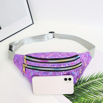 Holographic Sequin Waist Bag for Women - Stylish Crossbody Belt Bag with Adjustable Strap, Zipper Closure, And Glittery Purple, White, And Pink Patterns - Perfect for Outdoor Activities, Travel, And Everyday Fashion, Crossbod