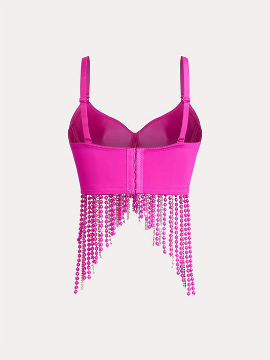Sexy Fishbone Corset Top with Pearl Embellishments & Tassel Details - Vibrant Pink Stretchy Spaghetti Strap Bustier for Nightclub, Concert, Festival - Versatile All-Season Women's Fashion, Concert Attire, Elegant Style, Styli
