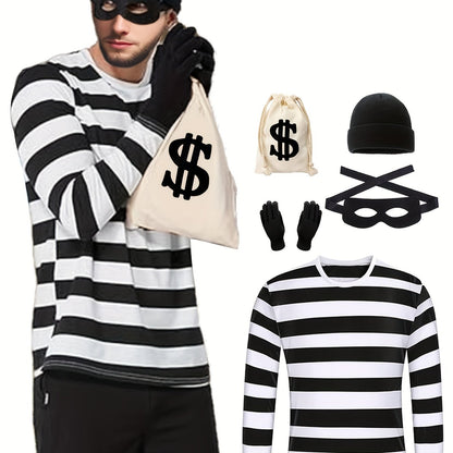 [Strong Criminal Clothing Set] 6pcs Set of Strong Criminal Clothing | Neutered Thief Cosplay Black And White Striped Long-Sleeved T-Shirt, Beanbag Hat, Gloves, Mask, Halloween Money Bag, Transformed Criminal Clothing, Men's P