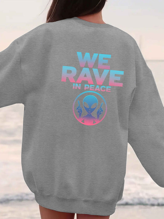 Women'S Casual Crew Neck Long Sleeve Sweatshirt, Polyester 100% Knit Fabric, Geometric Alien "WE RAVE in PEACE" Graphic, Fall/Winter Regular Length