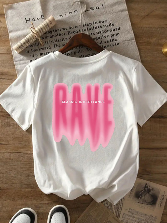 CLASSIC INHERITANCE Women's Casual Short Sleeve T-Shirt with Front & Back RAVE Slogan Print, White with Pink Lettering, Relaxed Fit Round Neck, Machine Washable All-Season Comfort, Summer Clothing, Modern Aesthetic, Smooth Te