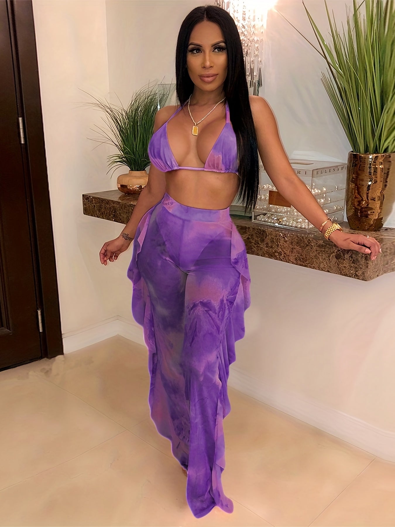 Sexy Tie Dye Matching Two-piece Set, Crop Halter Top & Fringe Hem Pants Outfits, Women's Clothing