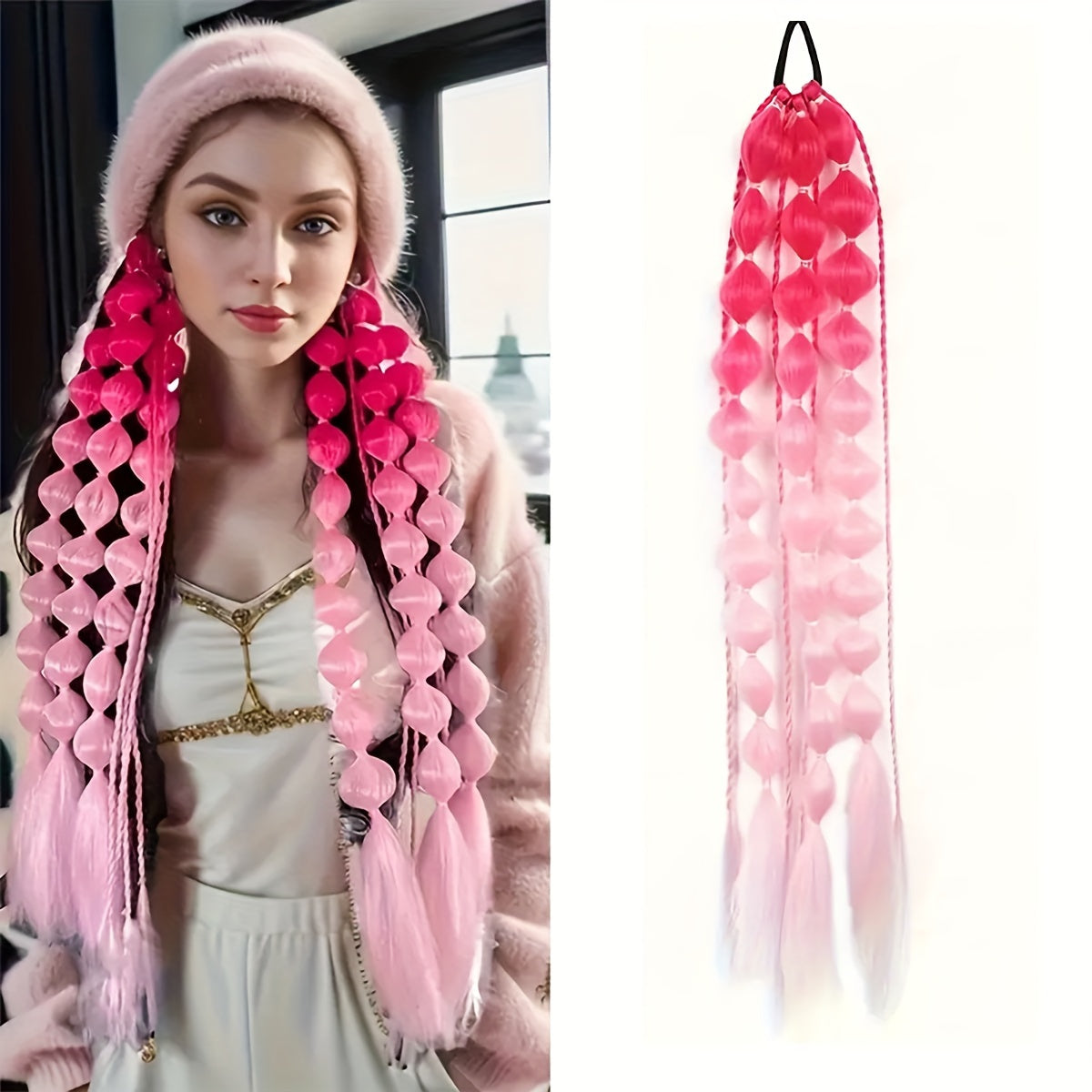 [1PCS Y2K Fashion Ponytail] 1PCS Y2K Fashion Bubble Braided Synthetic Ponytail Extension | Elastic Scrunchie Hairpiece, Versatile Style for Women, Suitable for All Occasions, Carnival/Mardi Gras/Masquerade