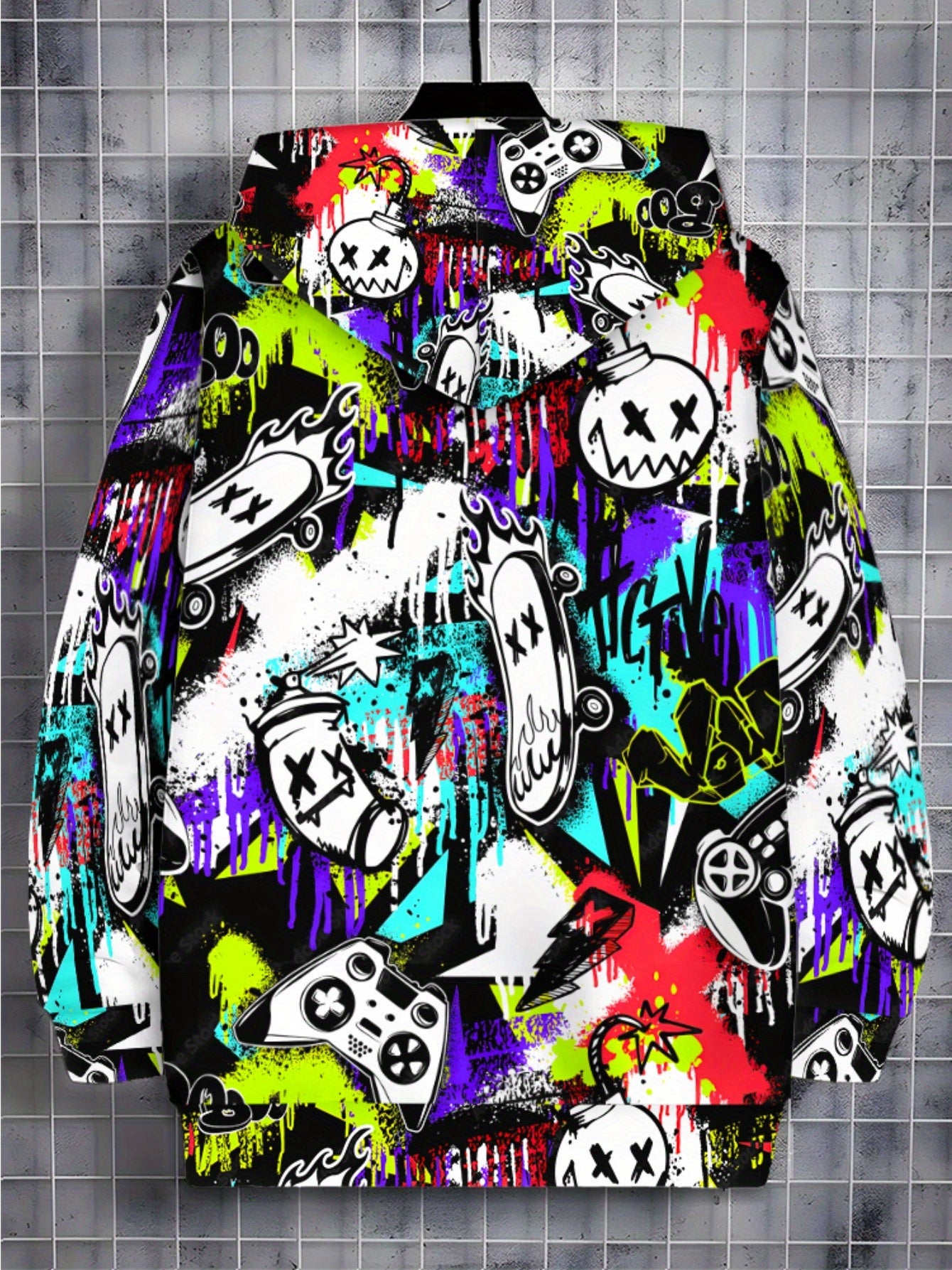 Men's Full-Zip Hoodie - Lightweight Graffiti Jacket with Neon Street Art, Game Controller Graphic Pockets - Zippered Hooded Sweatshirt for Urban Streetwear, Gaming & Casual Outfits - Machine Washable Polyester Outerwear, Dura