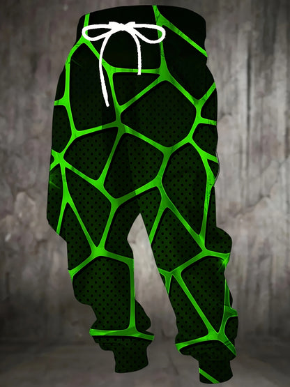 Men'S 3D Geometric Abstract Print Joggers with Drawstring Waist & Pockets - Vibrant Neon Green & Black Design, Comfortable Casual Sweatpants for Home & Leisure, Jogging Pants, Leisure Wear, Modern Streetwear, Durable Fabric