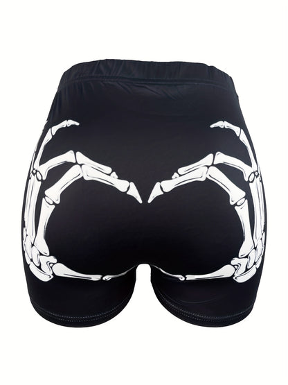Skeleton Finger Print Skinny Shorts, Casual Shorts For Spring & Summer, Women's Clothing