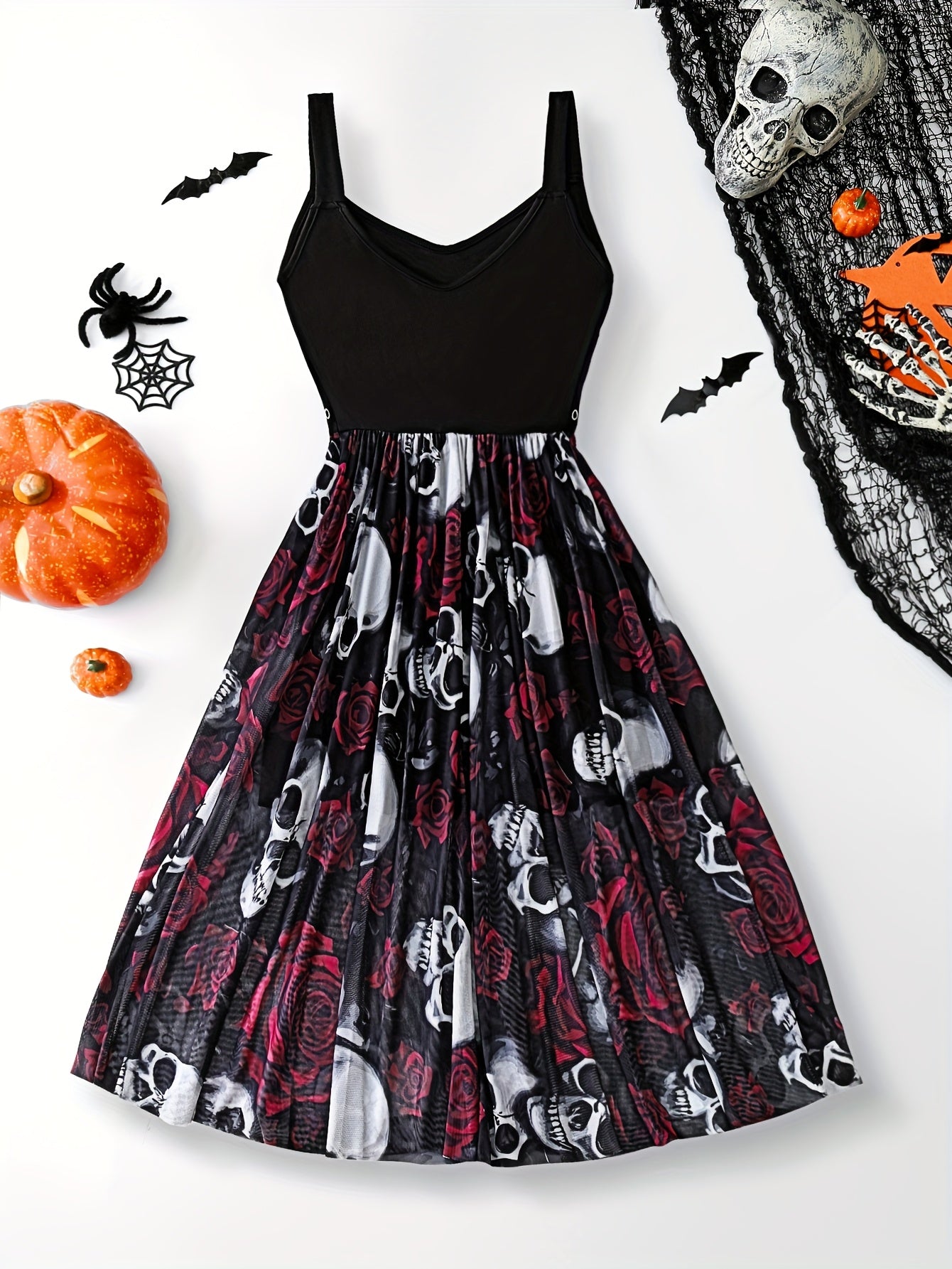 [Gothic Halloween Dress] Gothic Halloween Skeleton Rose Print Dress | Double V-Neck Zipper Sleeveless A-Line Skirt with Tulle Lining for Halloween Parties