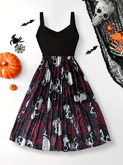 [Gothic Halloween Dress] Gothic Halloween Skeleton Rose Print Dress | Double V-Neck Zipper Sleeveless A-Line Skirt with Tulle Lining for Halloween Parties
