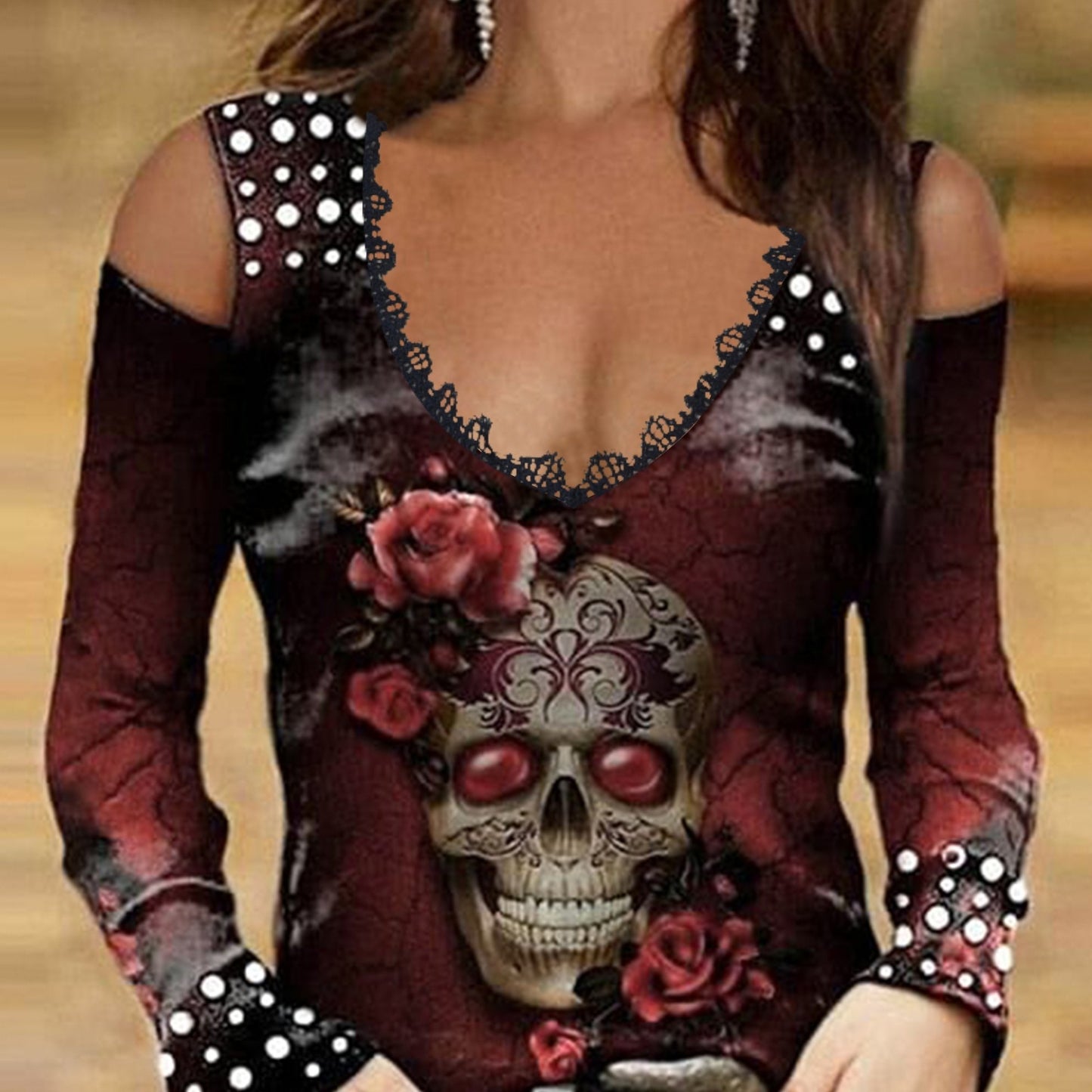 Vintage Skull Print Cold Shoulder T-Shirt - Trendy Long Sleeve Design with Cozy Fit, Distressed Retro Look, and Bold Graphic Print - Perfect for Spring & Fall, Womens Fashion Clothing