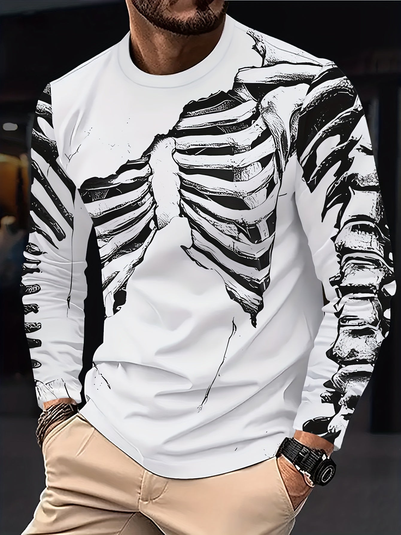 [Stretchy Skeleton Tee] Stretchy Polyester Blend Men's Casual Long Sleeve T-Shirt with Skeleton Ribcage Design | White, Round Neck, All-Season Comfort Fit, Bold Graphic Tee
