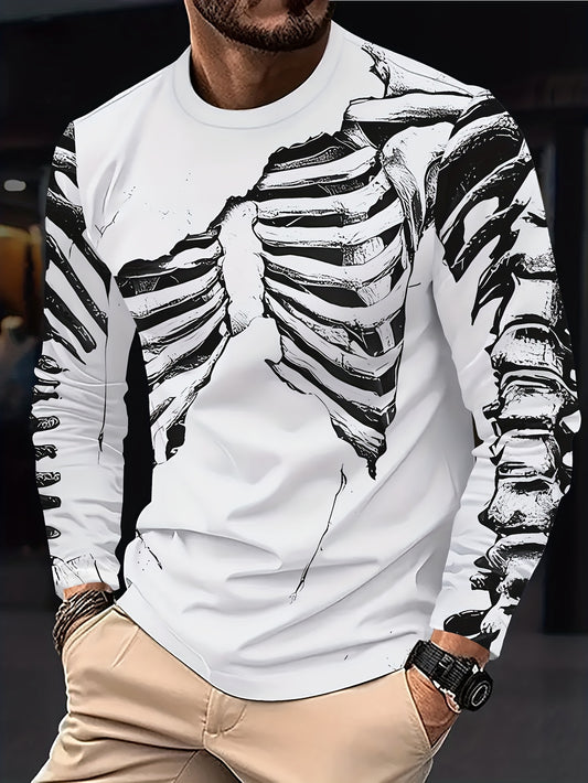 [Stretchy Skeleton Tee] Stretchy Polyester Blend Men's Casual Long Sleeve T-Shirt with Skeleton Ribcage Design | White, Round Neck, All-Season Comfort Fit, Bold Graphic Tee