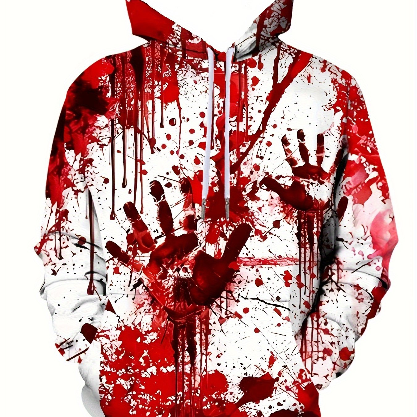 Men's 3D Graphic Print Hooded Sweatshirt with Red Palm & Blood Splatter Design - Edgy Gothic Streetwear Pullover, White & Red Colorblock, Machine Washable Long Sleeve Casual Winter Hoodie for Men, PLUS SIZE