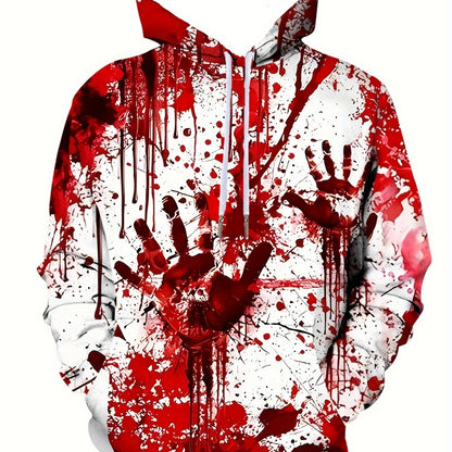 Men's 3D Graphic Print Hooded Sweatshirt with Red Palm & Blood Splatter Design - Edgy Gothic Streetwear Pullover, White & Red Colorblock, Machine Washable Long Sleeve Casual Winter Hoodie for Men, PLUS SIZE