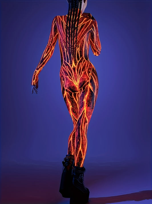[Halloween] Women's Halloween Cosplay Costume 3D Flame Geometric Print Bodycon Jumpsuit Sexy, High Neck, Long Sleeve, Themed Party Dead Festival