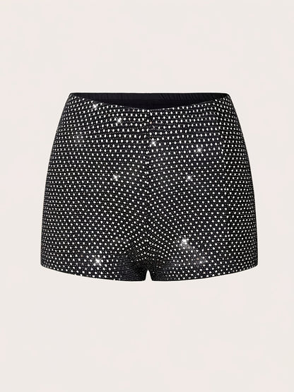 Women'S Elegant Polka Dot Sequin Shorts - Stretchy, Glittery Black & White High-Waisted Mini Skort with Side Pockets, Perfect for Spring/Summer/Fall Parties, Party Wear, Highwaisted Design, Side Pocket Detail