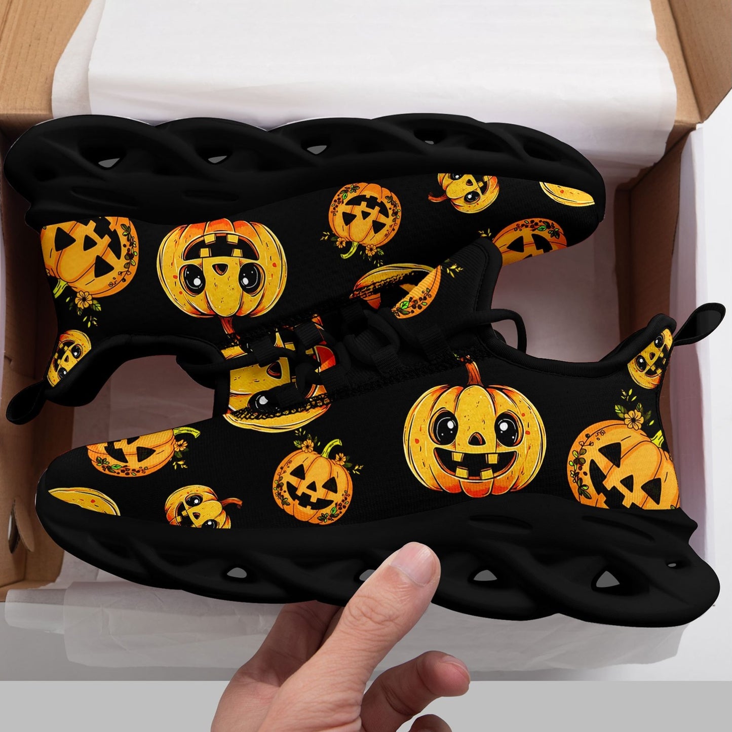 Men'S Halloween Pumpkin Print Casual Sneakers - White Low-Top Lace-Up Trainers with Orange & Black Jack-O'-Lantern Design, Comfortable EVA Sole for Daily Wear & Halloween, PLUS SIZE, Halloween Shoes, Trendy Streetwear, Durabl
