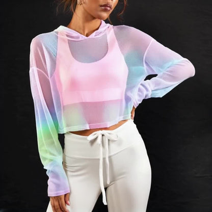 Gradient Color Loose-Fit Breathable Mesh Hoodie - Women's Casual Fashion Long Sleeve T-Shirt with Drawstring Hood, Colorful, Sports
