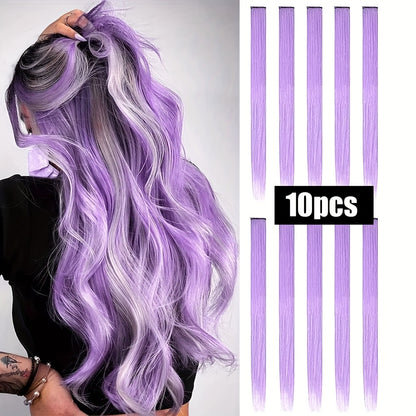 10pcs Glowing Clip-In Synthetic Hair Extensions 20-Inch Colorful Neon Glow-in-the-Dark Wigs, Easy-to-Wear Clip Design, Smooth Soft Texture, Women'S Daily Fashion Accessory for Halloween New Year Parties