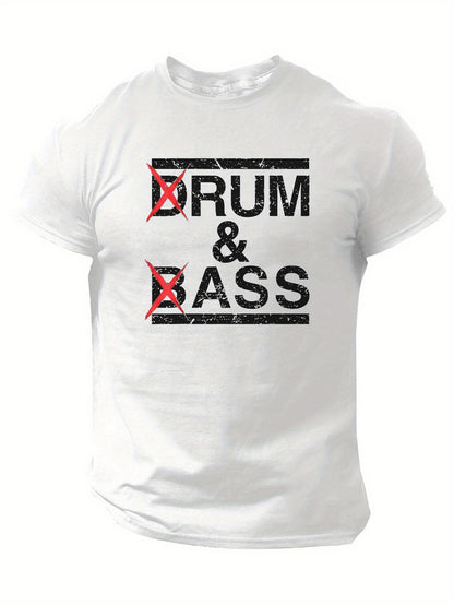 1pc Men'S Casual Crew Neck T-Shirt - Polyester Knit Fabric with Medium Stretch, Short Sleeve Print Top for Going Out, Summer Season - Regular Fit H Tee with "Drum & Bass" Slogan Design