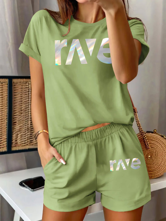 2pcs Women'S Casual Summer Outfit - Rave Graphic Print T-Shirt & Shorts Set, Light Green Polyester Blend, Round Neck, Short Sleeve, High-Waisted Shorts with Drawstring, Perfect for Casual Attire, High Waisted Shorts