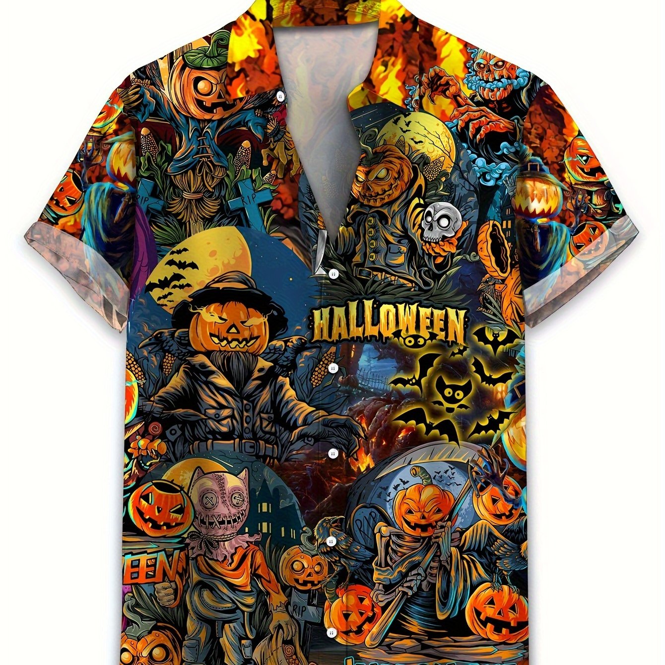 Plus Size Men's Casual Halloween Zombie Pumpkin Print Hawaiian Shirt