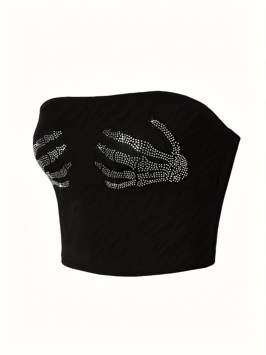 [1pc Sexy Crop Top] Sexy Strapless 1pc Women's Rhinestone Skeleton Hand Print Crop Top | Knitted Tube Shirt, All-Season Wear