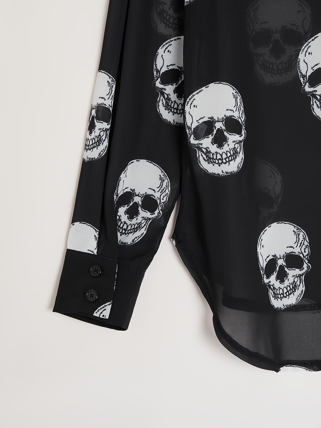 Women'S Elegant Halloween Skull Print Shirt, 100% Polyester Linen Blend, All-Season Lapel Collar, Woven Fabric, 180gsm - Adult Fashion Top