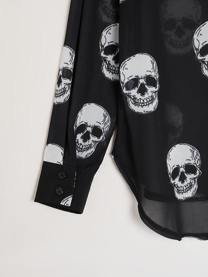 Women'S Elegant Halloween Skull Print Shirt, 100% Polyester Linen Blend, All-Season Lapel Collar, Woven Fabric, 180gsm - Adult Fashion Top