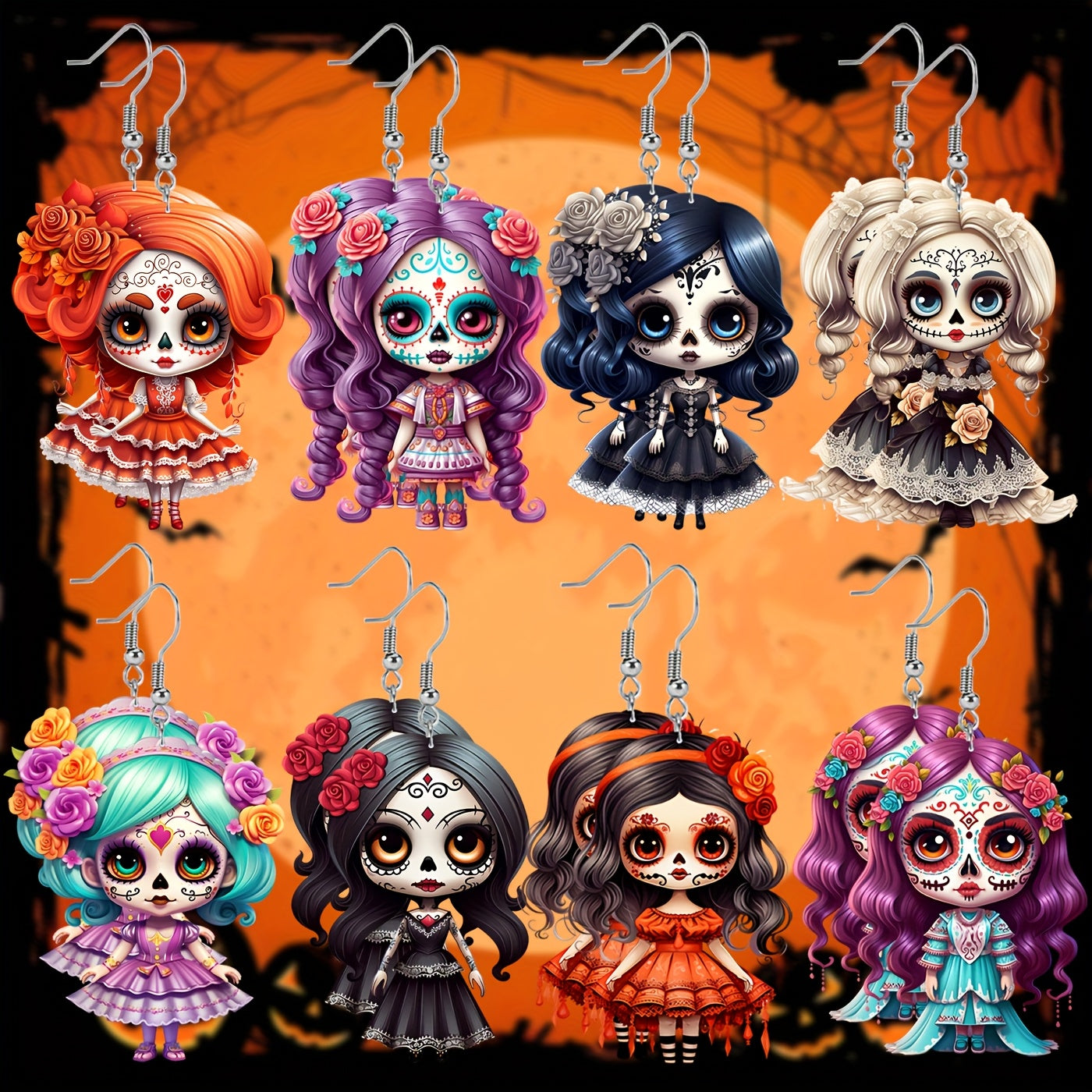 2D Flat, 8 Pairs/set Sugar Skull Acrylic Earrings Accessories Cute Pendant, Suitable for Fan Gifts Jewelry, 2D Flat