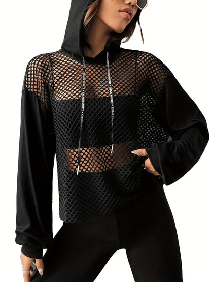Hollow Out Drawstring Hoodies, Sexy Solid Long Sleeve Sweatshirt, Women's Clothing