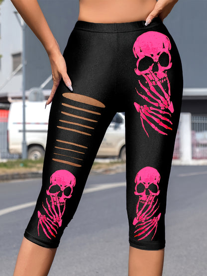 [Gothic Punk Capri Pants] Stylish High-Waisted Skinny Capri Pants for Women - Stretchy Non-See-Through, Elastic Waistband, Black & Pink Gothic Punk Chic Look | Machine Washable, Party Wear, Bold Print, Durable Material, Fashi