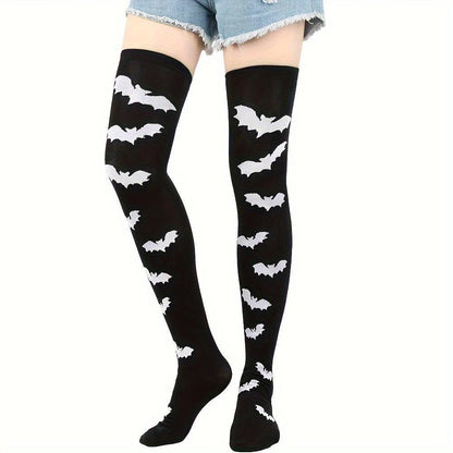 [Funny Halloween Socks] 3 Pairs Halloween Skull & Bat Print Women's Over-the-Knee Socks | Soft, Comfortable, Tight, High-Stretch for Parties & Daily Wear