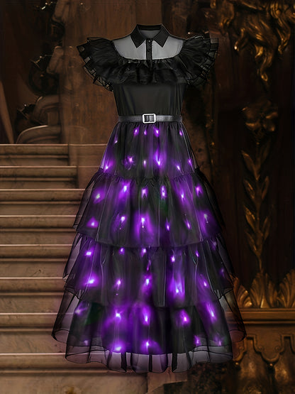 UPORPOR Gothic Mesh LED Dress - Black Tiered Gothic Party Dress with Purple LED Lights, Short Sleeve, Crew Neck, Non-Stretch Fabric, Halloween (Battery Not Included), Halloween | Layered Fashion | Mesh Fabric