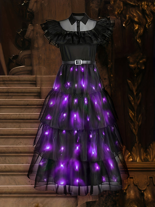 UPORPOR Gothic Mesh LED Dress - Black Tiered Gothic Party Dress with Purple LED Lights, Short Sleeve, Crew Neck, Non-Stretch Fabric, Halloween (Battery Not Included), Halloween | Layered Fashion | Mesh Fabric