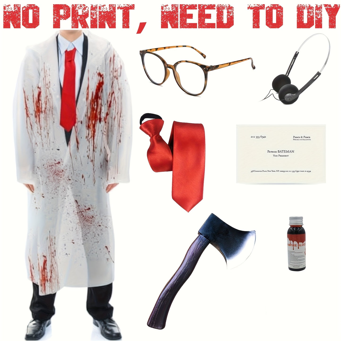 7pcs Halloween Zombie Costume Set, Raincoat with No Print, Requires DIY, Includes Halloween Props Knife, Red Tie, Suitable for Cosplay Role Play Party
